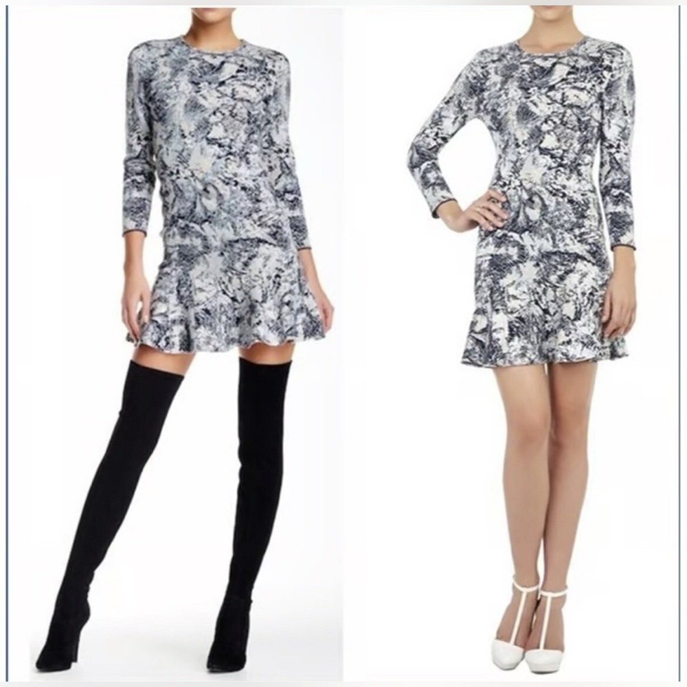 BCBGMaxAzria Black and White Long Sleeve Printed Ruffle Hem Dress